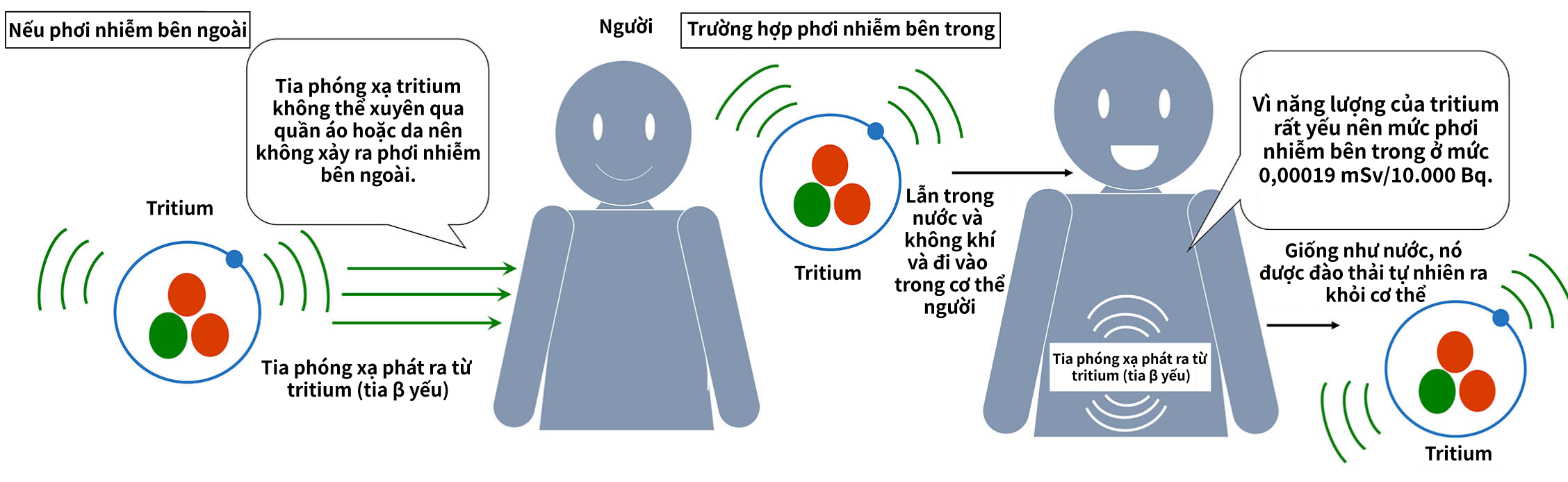 Hình minh họa về chất tritium và trường hợp phơi nhiễm phóng xạ từ bên ngoài